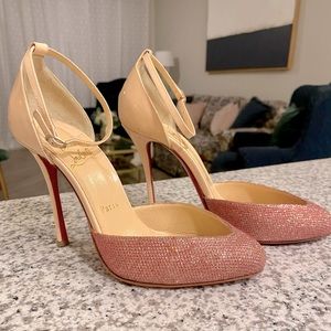 Christian Louboutin Pink Dollyla 100 Glitter Tisse/Patent Heels Pumps Size 37.5
